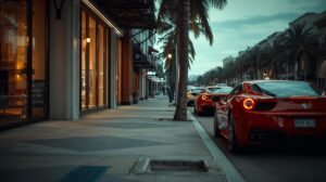 Peut Tu Me Generer Une IPhone De Palm Beach Lavenue Worth Avec Vue Sur Le Trottoir Et Vu Sur Les Boutique De Luxe Avec Des Voitures Garer Et Une Ferrari Rouge 300x168